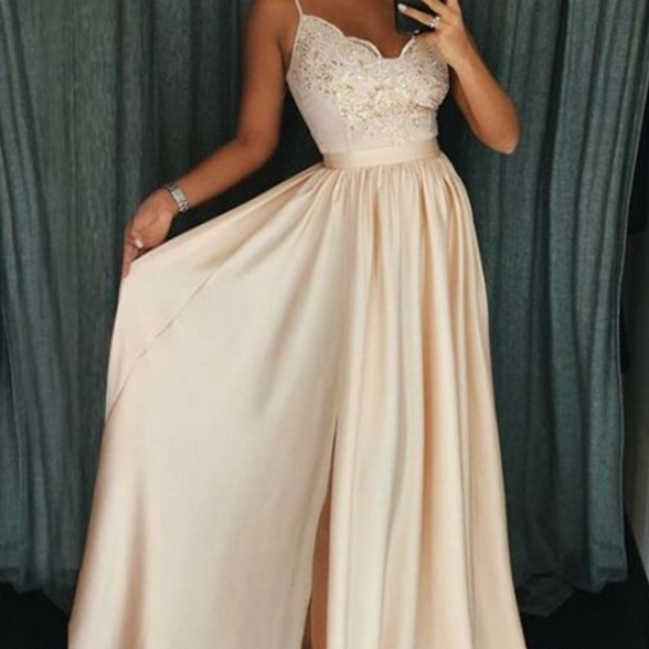 Spaghetti Strap Dress with Slit for Bridesmaid Champagne