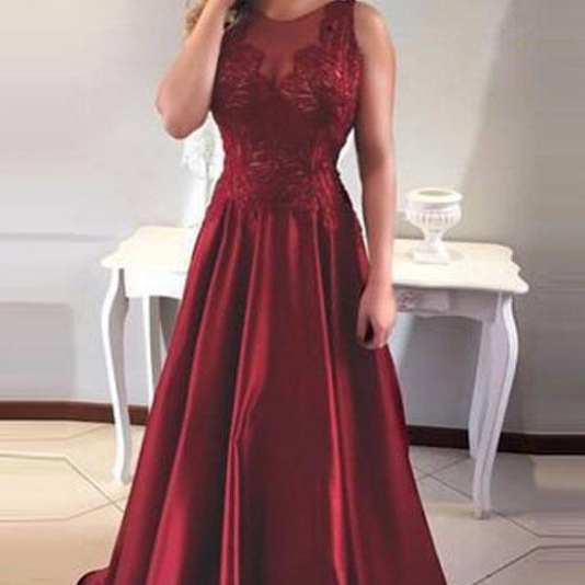 A-line Round Neck V-back Maroon Satin Prom Dresses With Lace on Luulla