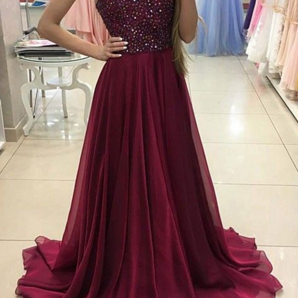 Halter Beaded Long A-line Side Slit Prom Dresses, Simple Prom Dresses, PD0765