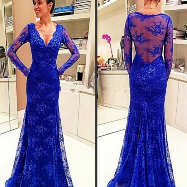Elegant Blue Mermaid Evening Dresses Deep V Neck Cap Full Sleeve With Sheer Back Lace Floor ...