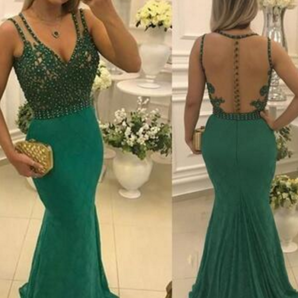 Lace Long Prom Dresses V Neck Appliques Beading Sexy Illusion Back Mermaid Evening Gowns Formal