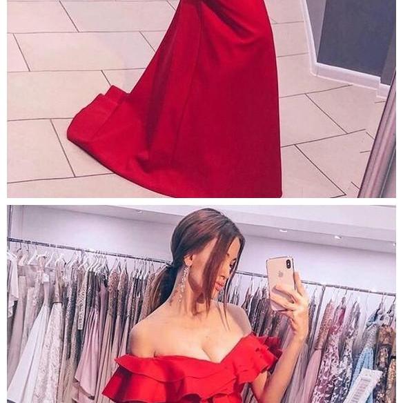 Mermaid Sleeveless Off the Shoulder Satin Ruffles Sweep Train Prom Dresses LBQ3398 main image 1