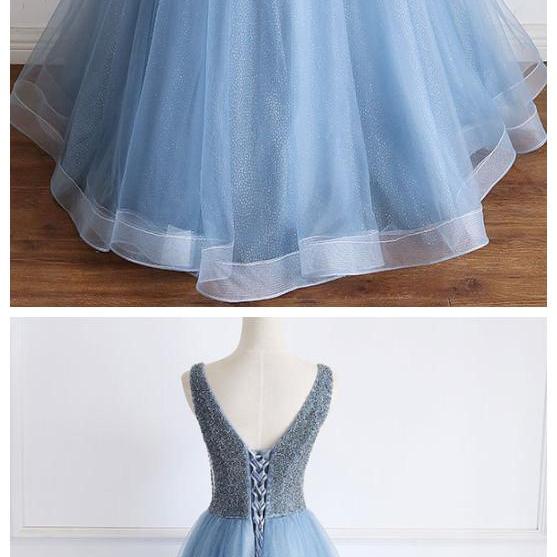 Gorgeous Blue V Neck Tulle Sequin Beaded A Line Short Cocktail Dress Homecoming Dress Y9971