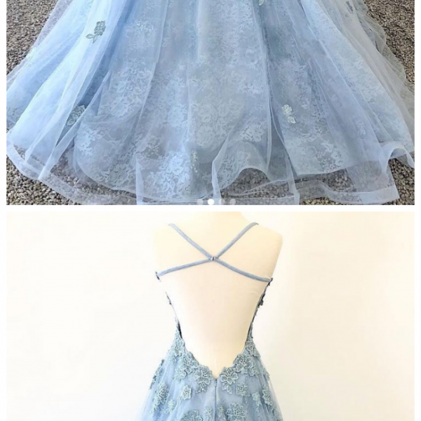Tulle Lace Long Prom Dress, Blue Short Sleeve Evening Dress