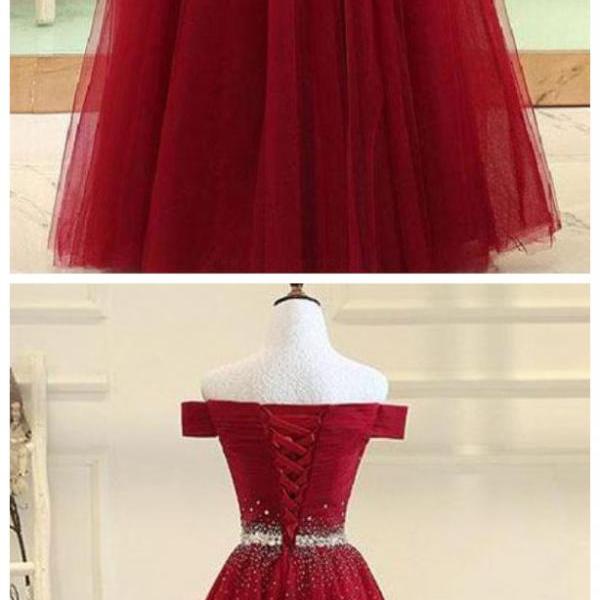 Off-the-shoulder Lace Appliqued A-line Dress Burgundy main image 1