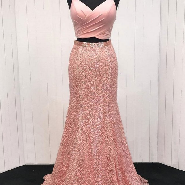 V Neck Spaghetti Straps Two Piece Long Mermaid Homecoming Dress on Luulla