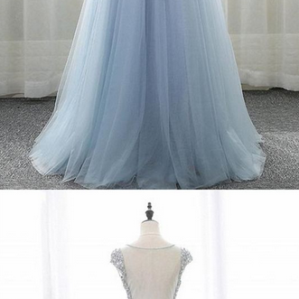 Blue V Neck Cap Sleeves Beaded Prom Dresses,tulle Graduation Dresses ...