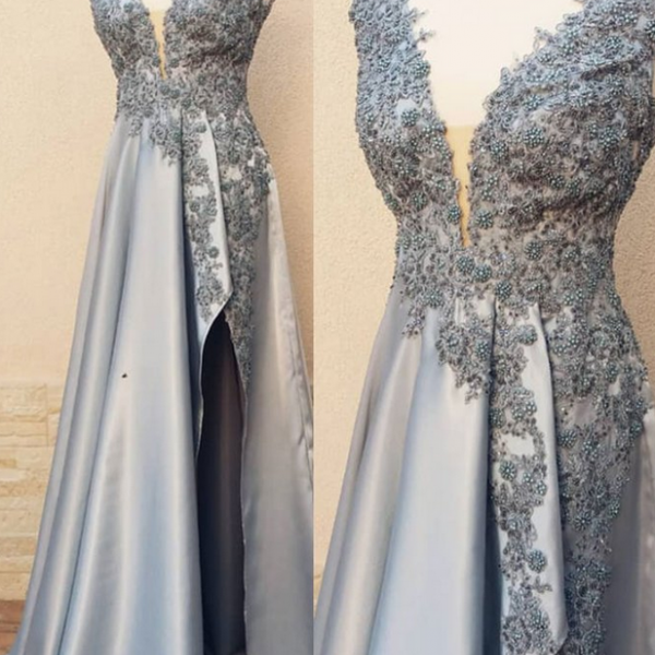 Chic V Neck Satin Beaded Party Evening Dress Formal Prom Dress cc2099