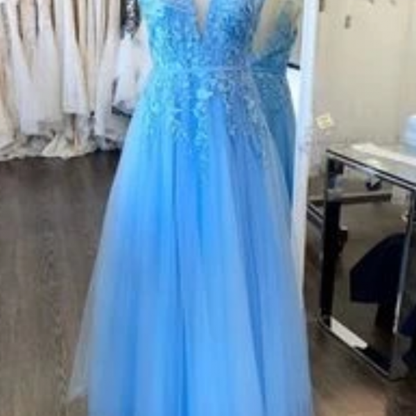 A Line V Neck Light Blue Lace Prom Dresses, V Neck Sky Blue Lace Formal Evening Dresses
