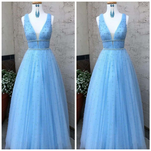Sparkly Beaded V-Neck Sequins Lace Tulle Long Prom Dress