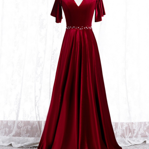 A-Line Burgundy Velvet V-neck Beading Sequins Prom Dress