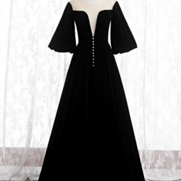 A-Line Black Velvet Horn Sleeve See Through Prom Dress