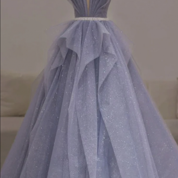 A Line V Neck Light Blue Lace Prom Dresses, V Neck Sky Blue Lace Formal ...