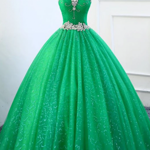 Sequins Strapless Green Tulle A Line Prom Dress