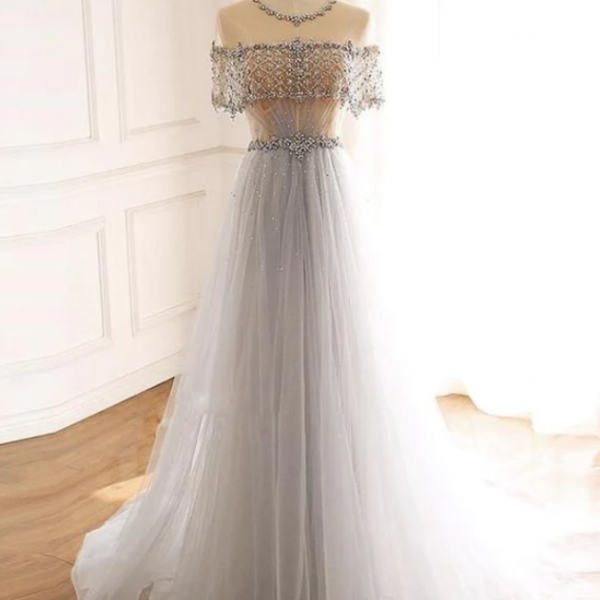 Charming A-Line V Neck Ruffle Tiered Tulle Long Prom Dresses VK24021103