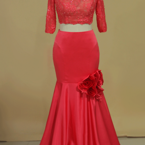 Prom Dresses,Two-Piece Bateau Mermaid Prom Dresses Satin With Beads And Handmade Flowers