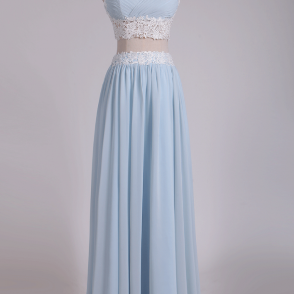 Prom Dresses,Two-Piece Spaghetti Straps A Line With Applique And Ruffles Chiffon Prom Dresses