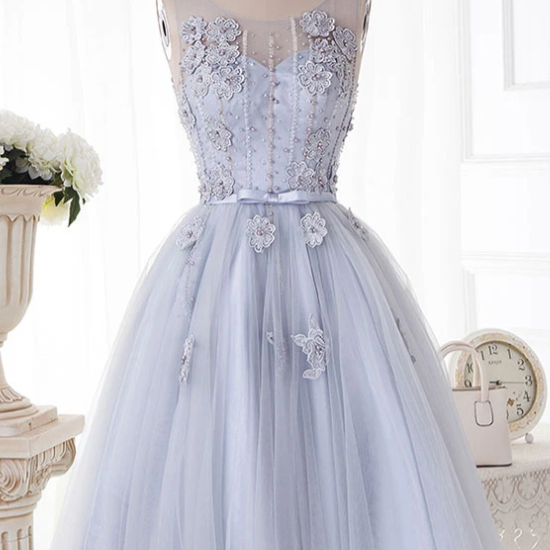 Cute round neck lace tulle short prom dress, homecoming dress