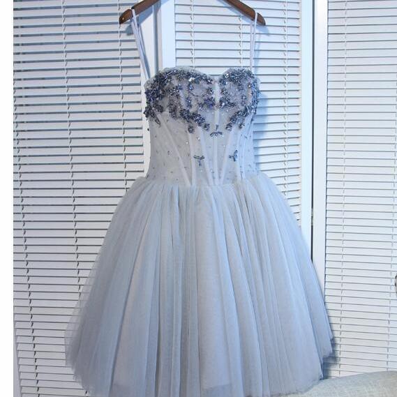 Gray Tulle Beaded Short Homecoming Dress, Sweet Prom Gowns ,Short Cocktail Party Gowns ,Junior Party Dress For Girls