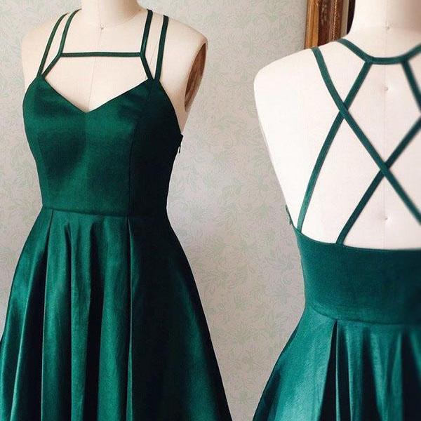 A-Line Halter Keyhole Criss-Cross Straps Homecoming Dresses,Short Dark Green Satin Homecoming Gown,V-neck Ruched Mini Dress
