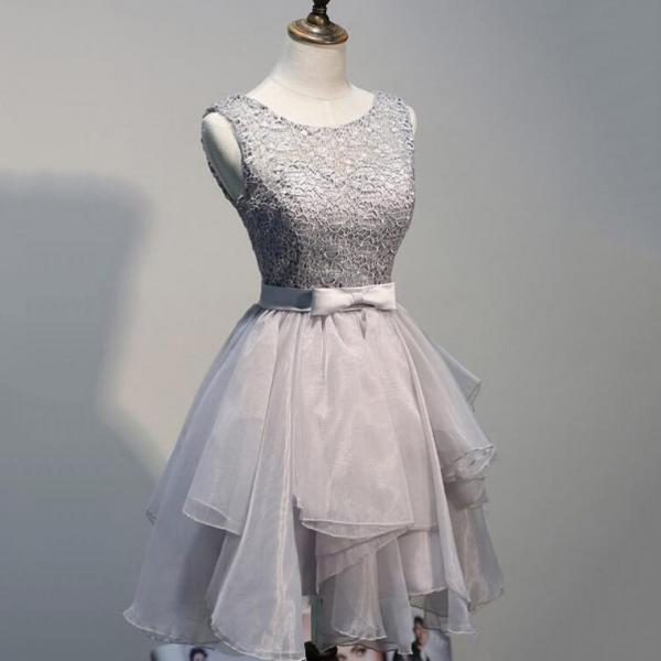 Gray Lace Homecoming Dresses, Short Princess Short Prom Dress with a Feminine Bow, Low Back Organza Prom Dress with A Ribbon