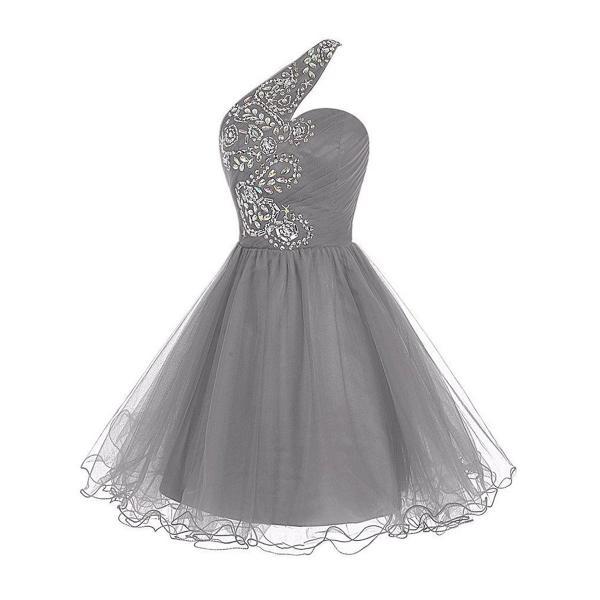 Short A-Line Tulle Homecoming Dress Featuring Beaded Embellished Ruched One Shoulder Sweetheart Bodice and Lace-Up Back