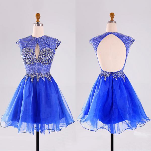 Open Back Prom Dresses with a Sexy Keyhole, Royal Blue Cap Sleeve Short Prom Gowns, High Neck Beaded Homecoming Dress