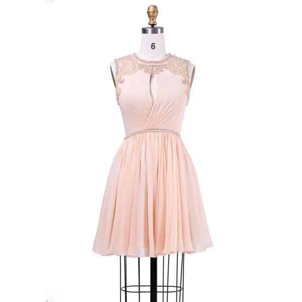 Appealing Pearl Jewel Neck Short Pink Prom Dress, Charming Key Hole Chiffon A-line Prom Dress, Sweet Pleats Mini Prom Dress