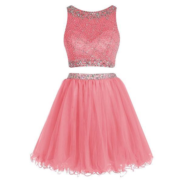 Pink Short Prom Dress, Crystal Beaded Two Piece Prom Dress, Sequined Crop Top Tulle Mini Prom Dress