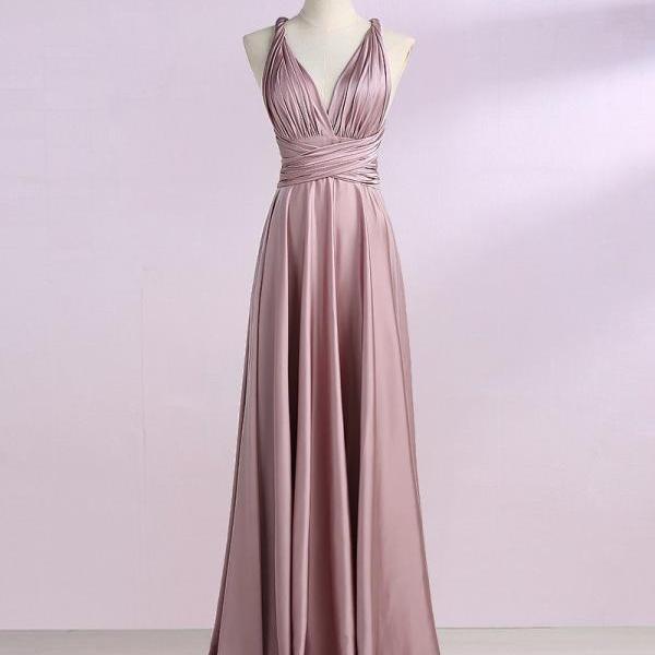 A-Line V-Neck Satin Convertible Prom Bridesmaid Dress