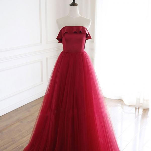 Simple burgundy tulle long prom dress burgundy formal dress