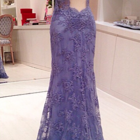 Dark Navy Long A-line Tulle Lace Backless Formal Prom Dresses