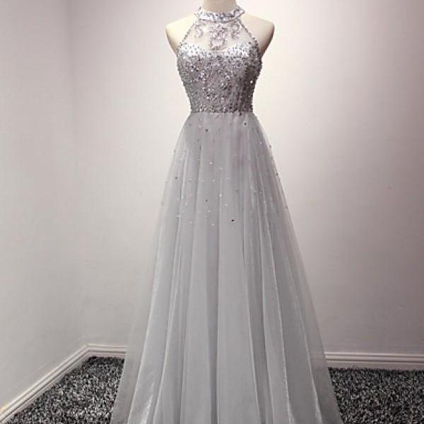 Elegant A-Line Sequins Tulle Formal Prom Dress, Beautiful Long Prom Dress, Banquet Party Dress
