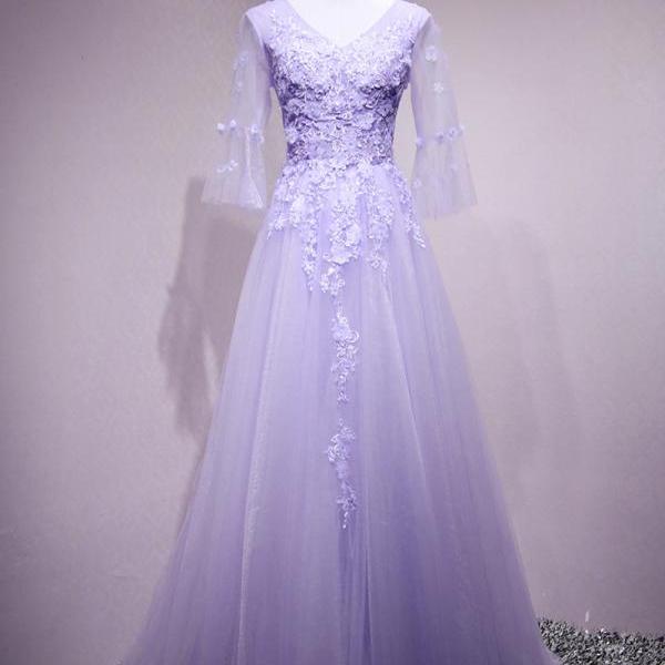 Beautiful Satin Beaded Short Sleeves Formal Gown, Long A-line Prom Dress Party Dresses