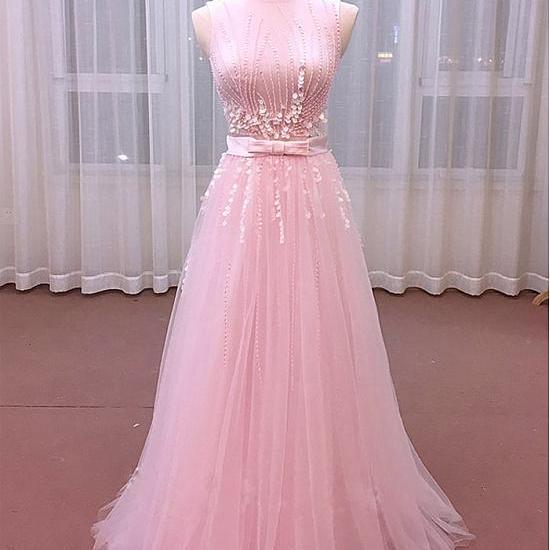 Classy Pink V Neck Chiffon Sequin A Line Long Party Dress Backless Birthday Prom Gown main image 1
