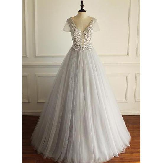 A-line V-neckline Long Tulle Dresses Cinnamon Rose