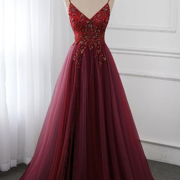 Elegant Tulle V-neckline Beaded Formal Prom Dress, Beautiful Long Prom Dress, Banquet Party Dress