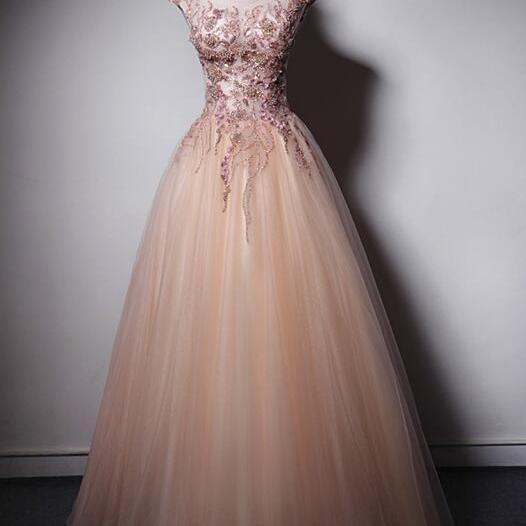 Elegant Sweetheart A-line Round Neckline Beaded Tulle Formal Prom Dress, Beautiful Long Prom Dress, Banquet Party Dress
