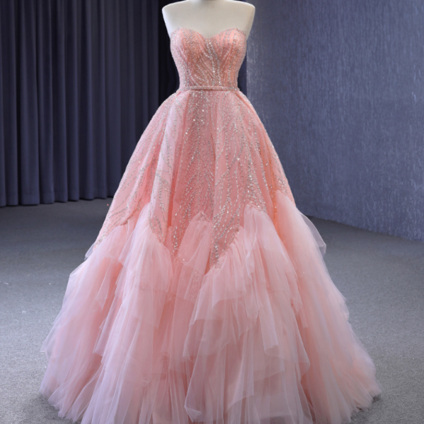 Prom Dresses,Pink Tulle Strapless Long Gowns,Sequins High Sweetheart Party Dresses
