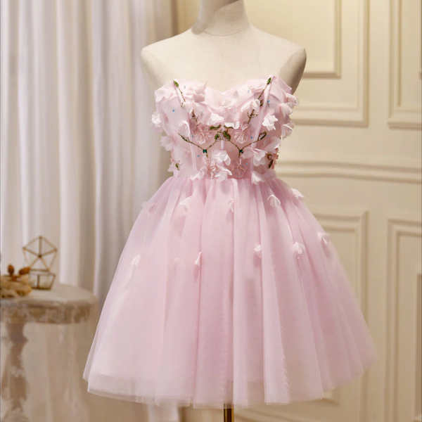 Short Prom Dresses, MiniShort Pink Prom Dress, Cute Pink Homecoming Dresses with Beading Applique