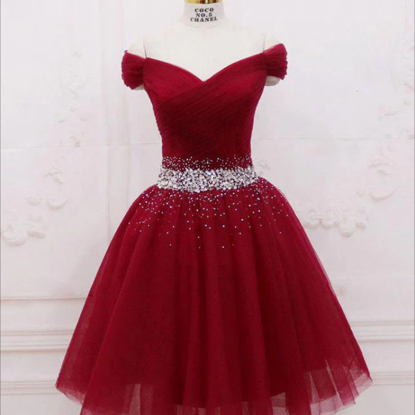 Short Prom Dresses, Burgundy Tulle Sequin Short Prom Dress, Burgundy Homecoming Dress