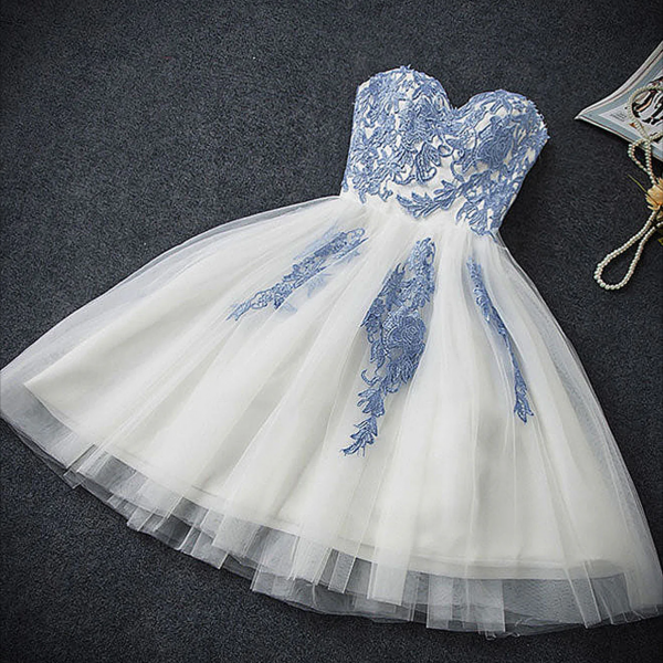 Short Prom Dresses, Cute Blue Sweetheart Neck Tulle Lace Short Prom Dress, Blue Homecoming Dress