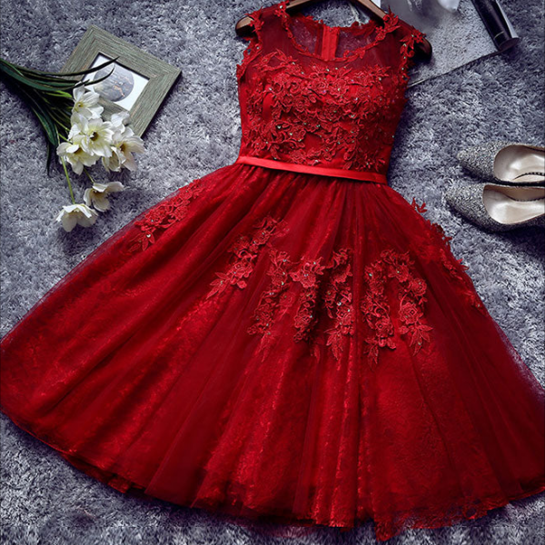 Short Prom Dresses, Burgundy Lace Tulle Short Prom Dress, Lace Homecoming Dresses