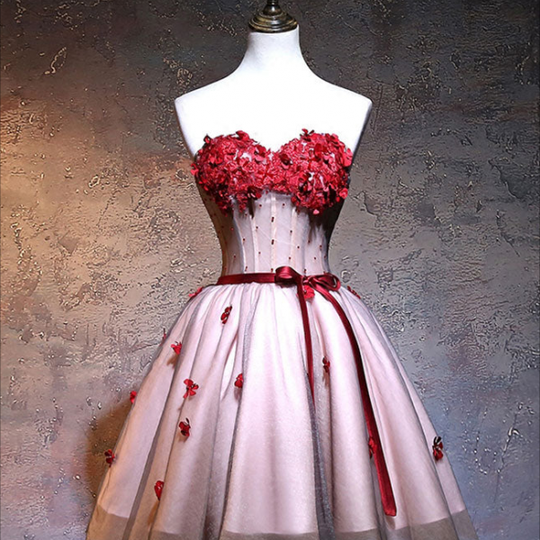 Short Prom Dresses, Burgundy Sweetheart Neck Lace Short Prom Dress, Burgundy Homecoming Dress