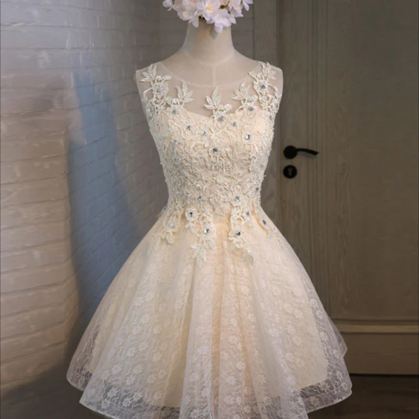 Short Prom Dresses, Champagne Lace Round Neck Short Prom Dress, Bridesmaid Dress