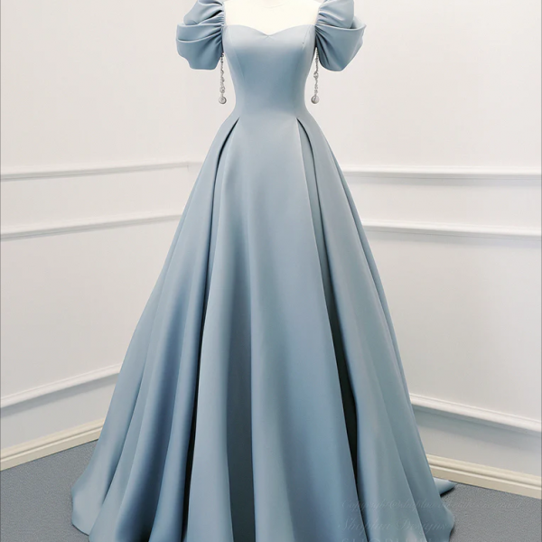 long prom dress , A-Line Puff Sleeves Satin Blue Long Prom Dress, Blue Long Formal Dress