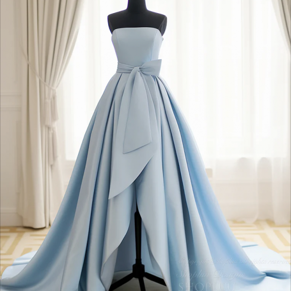 long prom dress , A-Line Satin Blue Long Prom Dress, Blue Satin Long Formal Dress