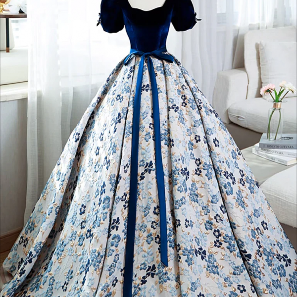 long prom dress , A-Line Satin Velvet Blue Long Prom Dress, Blue Long Formal Dress