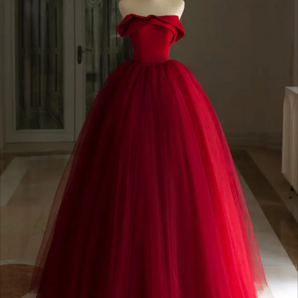 long prom dress , A-Line Tulle Burgundy Long Prom Dress, Burgundy Long Formal Dress