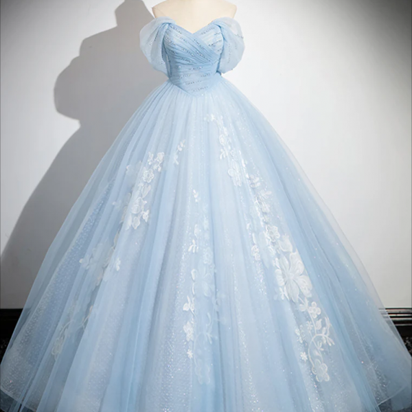long prom dress , A-Line Tulle Lace Blue Long Prom Dress, Off Shoulder Blue Long Sweet 16 Dress